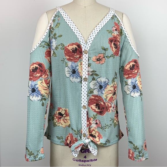 Oddi Retro Spring Floral Rose Polka Dot Teal Cutout Cold Shoulder Bow Top - Picture 2 of 16